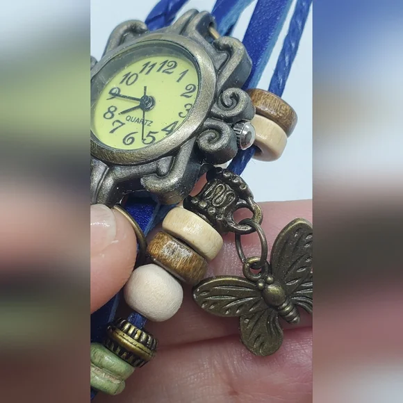 Watch In Blue Braided Leather with Butterfly Charm - Picture 4 of 6